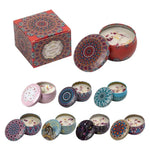 bougies parfumées fleurs séchées rouge rose bleu motifs floraux boho chic boîte présentation texture