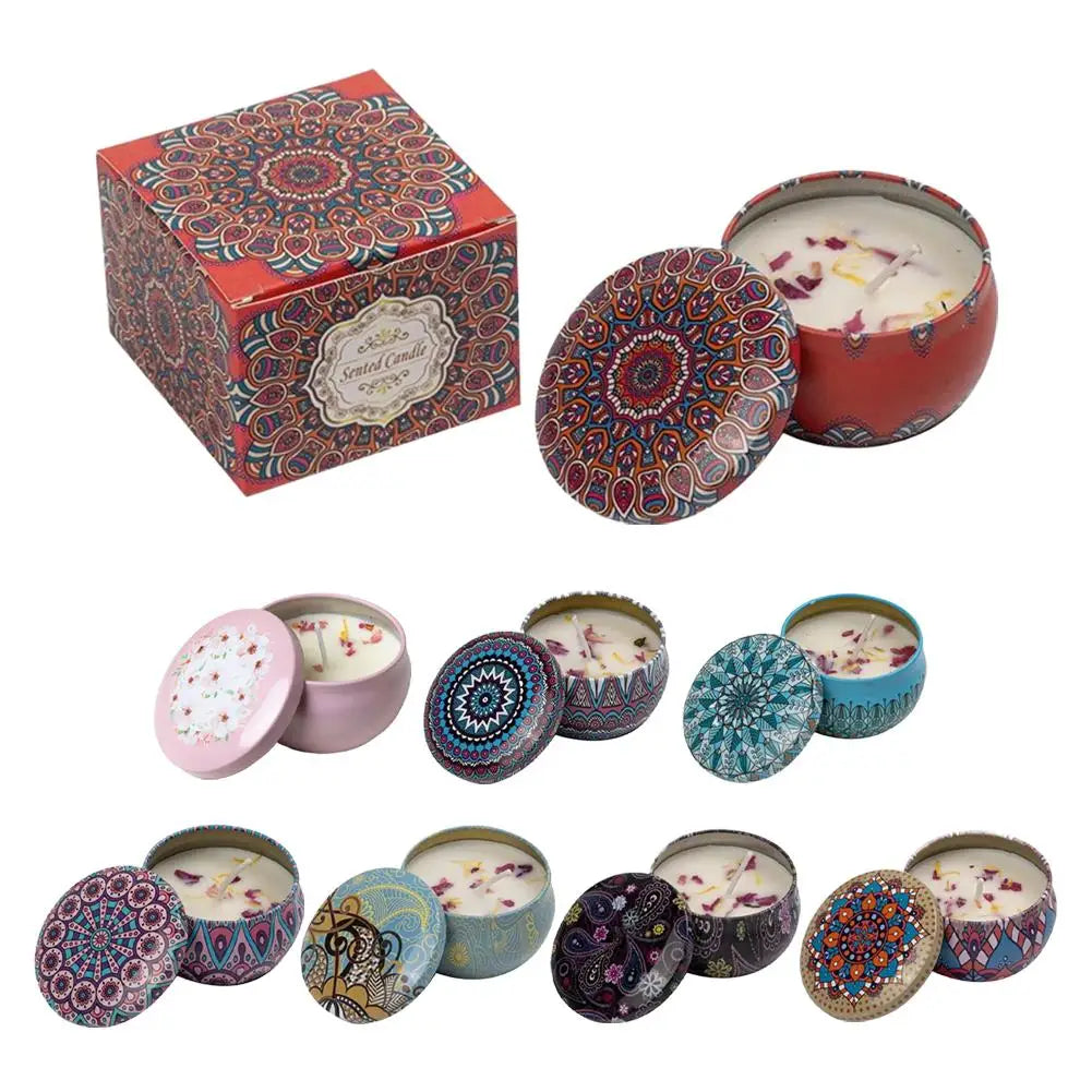 bougies parfumées fleurs séchées rouge rose bleu motifs floraux boho chic boîte présentation texture