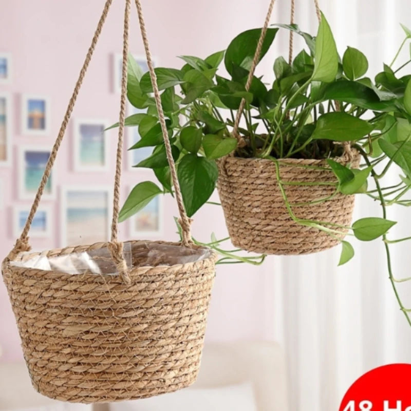 panier suspendu tissé fibres naturelles beige gris vert rustique boho chic cordelette plante verteintérieurextérieurDecorationMaison