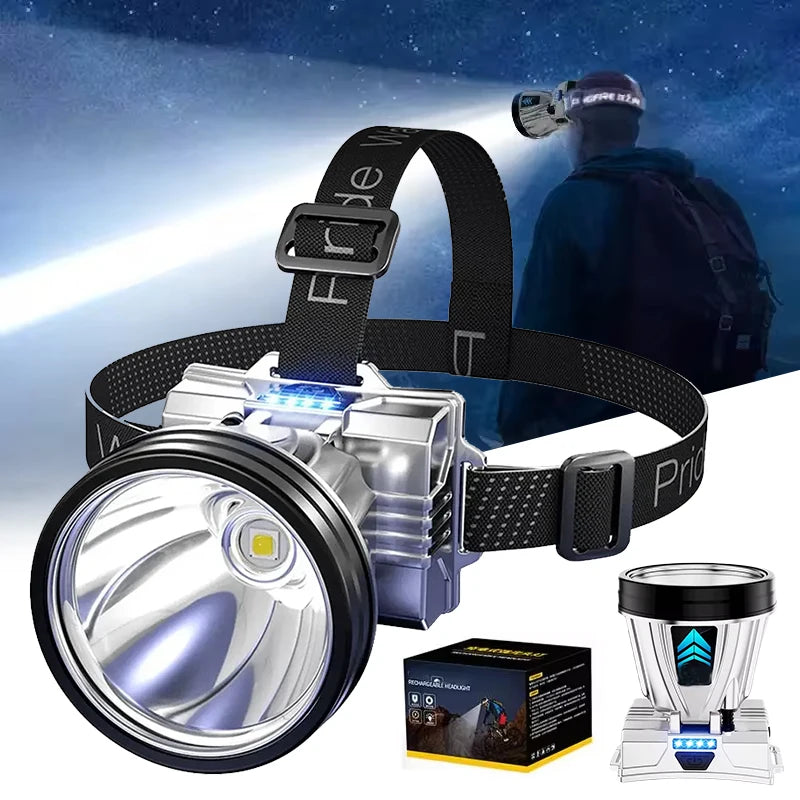lampe frontale rechargeable argent noir bleu moderne cordon usb ceinture ajustable contemporaine fonctionnelle