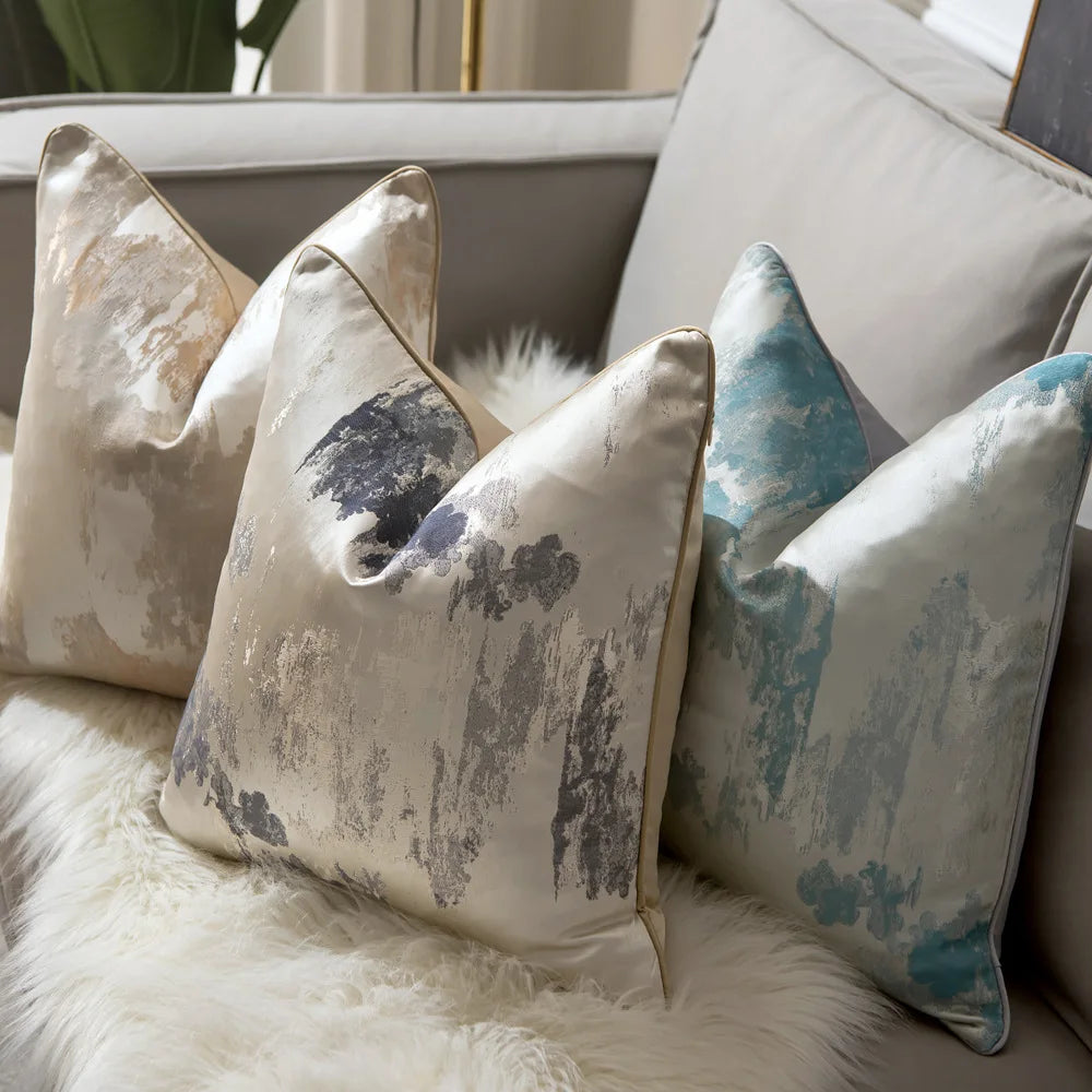 housse coussin géométrique polyester contemporain beige gris bleu clair abstrait effet peinture 30x50 45x45
