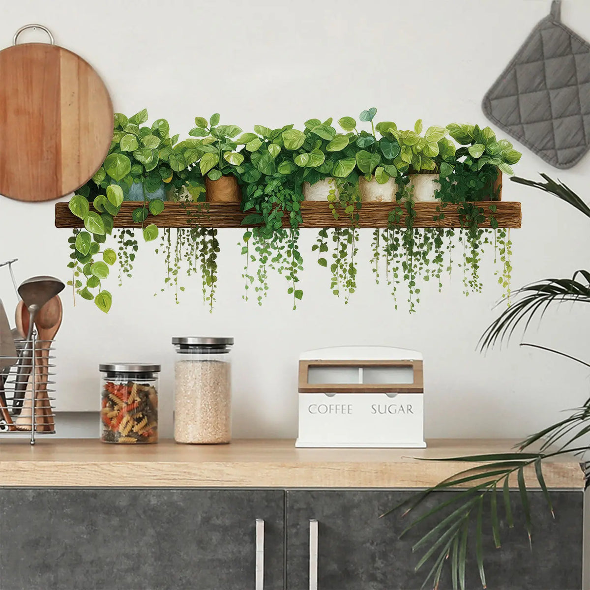 sticker mural plante artificielle feuilles vertes étagère bois moderne intérieur décoration vert 3d rustique