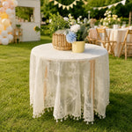 nappe table blanche fleurs brodées bohème anti poussière clips opaques rond vintage