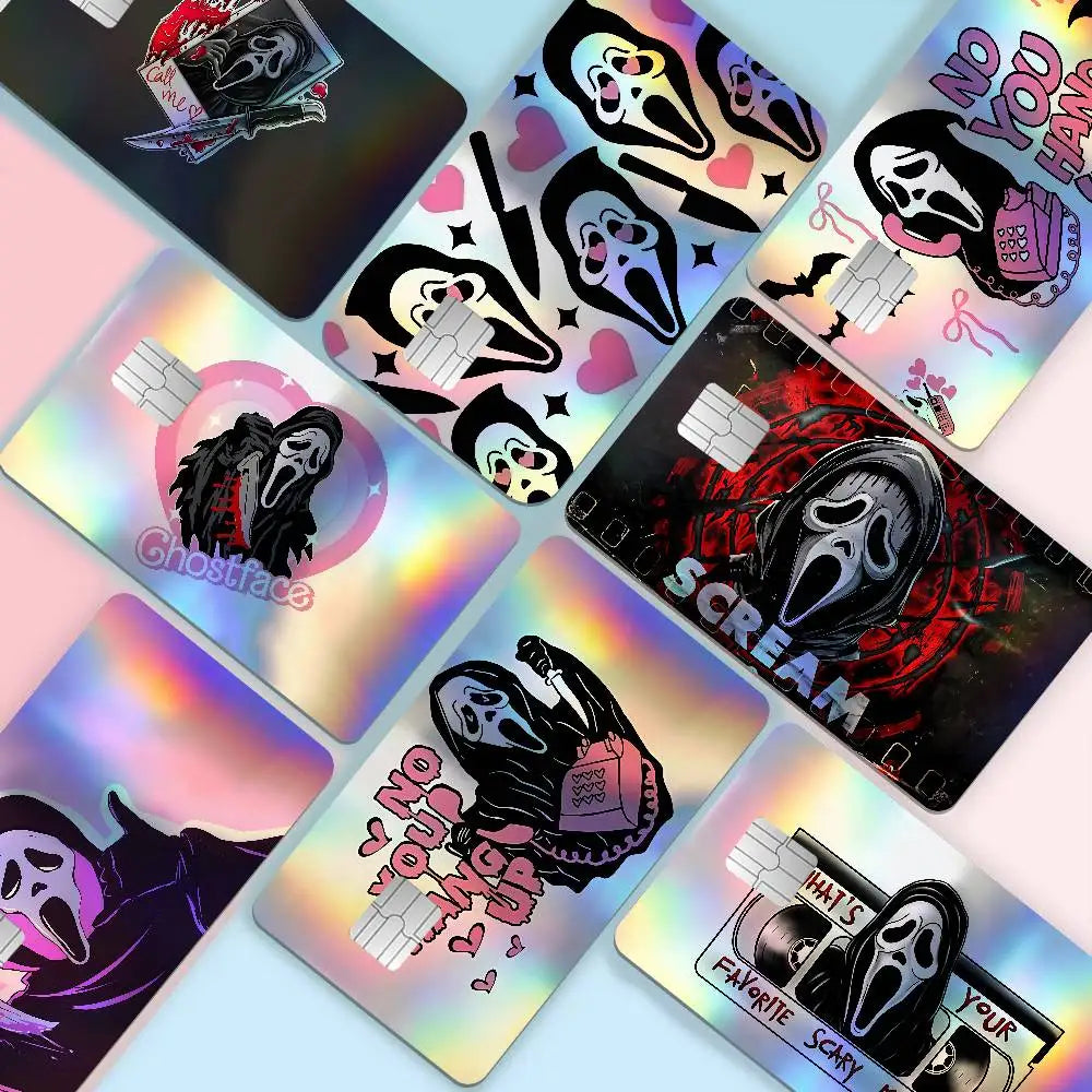 autocollants cartes bancaires effet laser pop art masques effrayants multicolores réutilisables