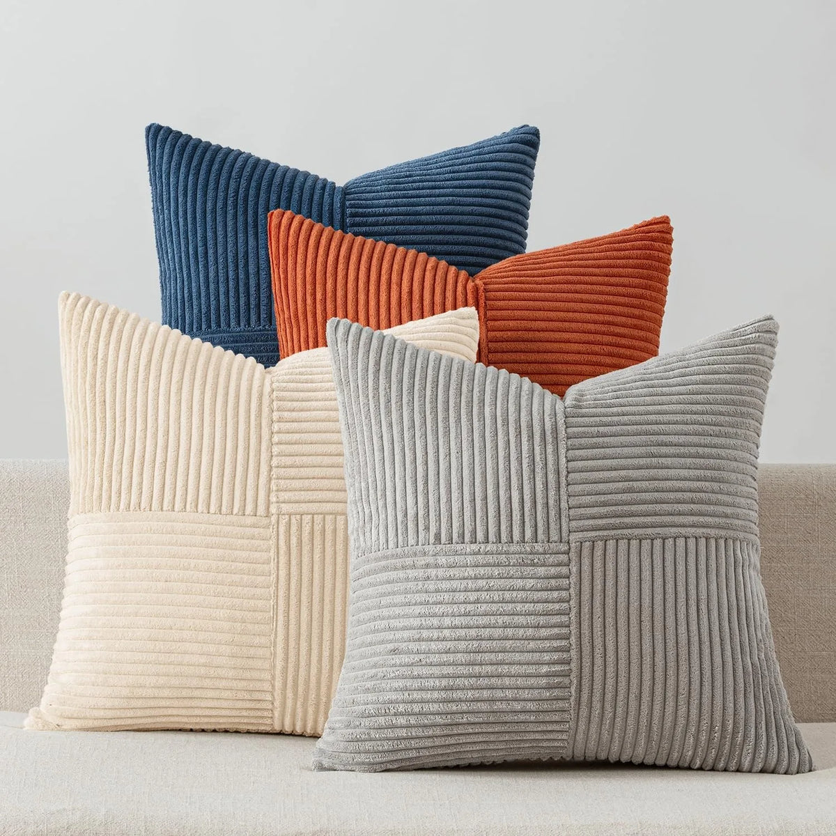 housse coussin velours côtelé rayures horizontales décorative moderne lit canapé salon bleu beige