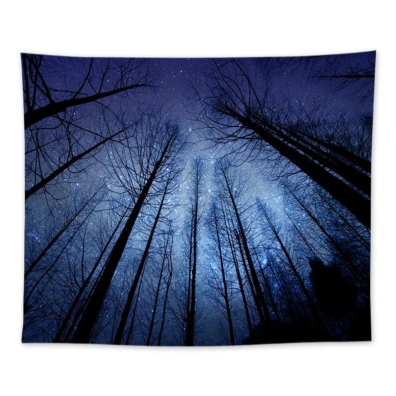 tapisserie forêt nocturne étoiles aurora borealis bleu noir blanc vertical maison chambre decoration