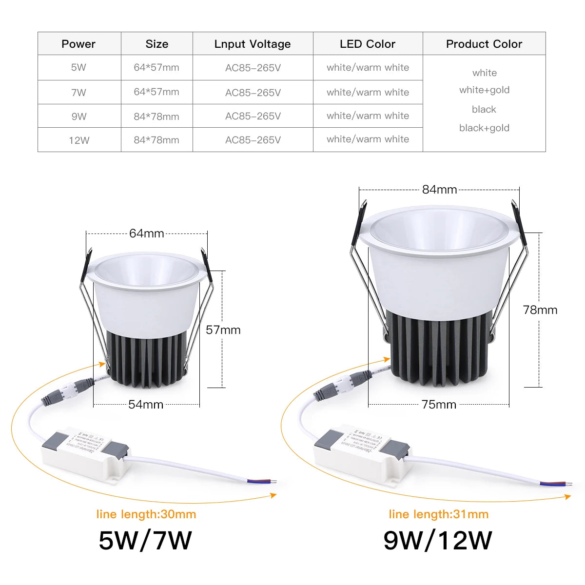 projecteur led spot noir blanc doré moderne câble alimentation certification ul rohs