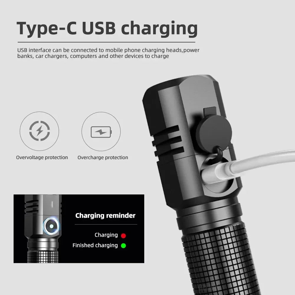 lampe torche noire rechargeable 1600lm ip64 zoom texturée rainures compact moderne