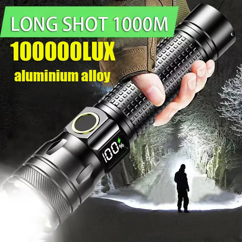 lampe torche rechargeable led 20w anti dérapante écran affichage 500mètres moderne noire recharge usb