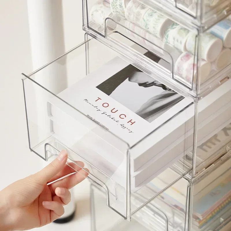 Tiroir de bureau transparent empilable rose empilé avec deux unités