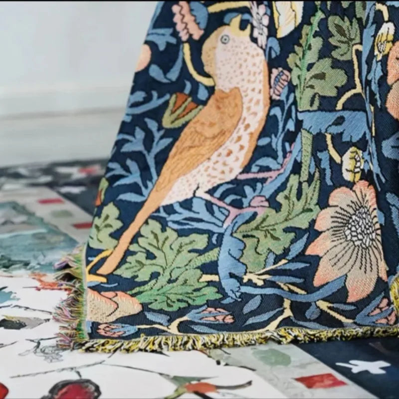 couverture maison vintage motif floral oiseaux bleu marine beige vert rose blanc polyester coton