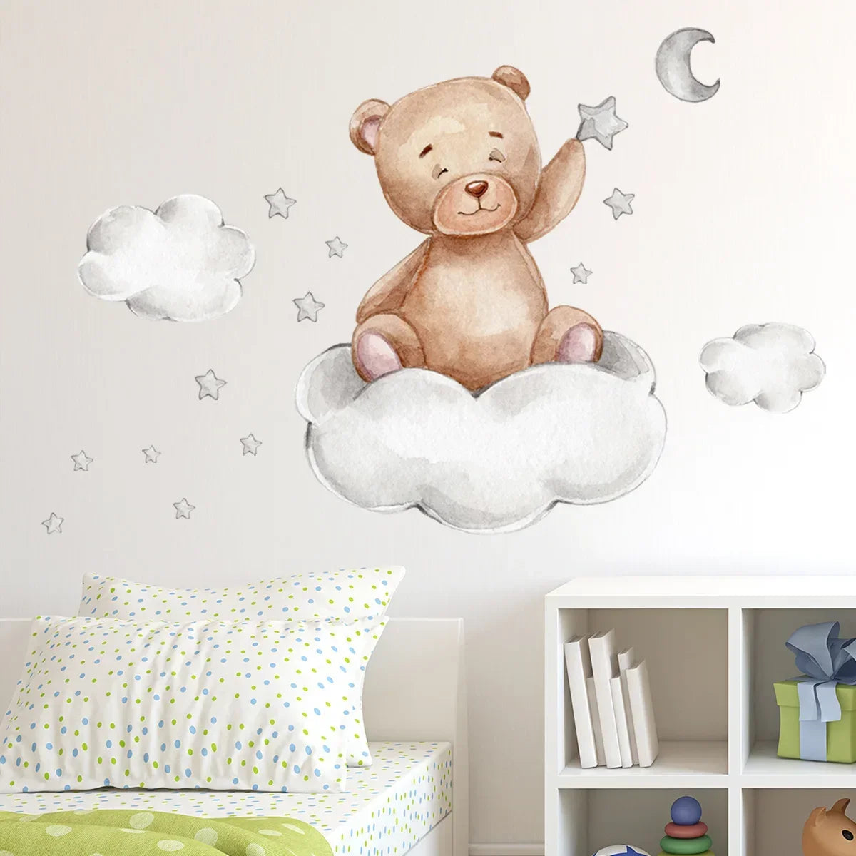 sticker mural dessin animé ours nuages étoiles enfant chambre opaque pvc 49x45cm marron gris