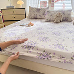 drap housse lit élastique motif fleurs feuilles beige bleu clair classique romantique coton