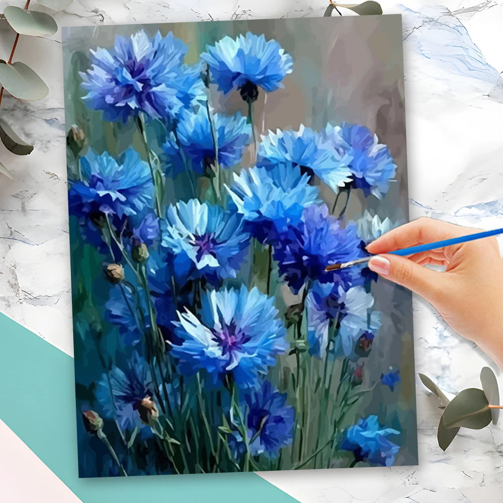 peinture numéros diy fleurs bleues vertes toile cadre bois simple facile nouveau peintre decor