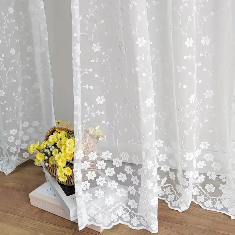rideau transparent dentelle brodée fleurs pastoral blanc maison salon chambre patioextérieur