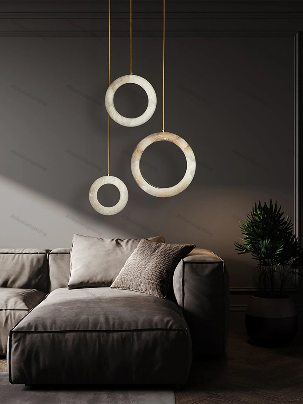 Suspension cercle marbre chrome salon