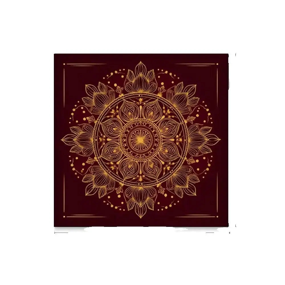 tapis mandala doré rouge cristaux fleurs séchées cartes tarot décoratif spiritualité chambre salon