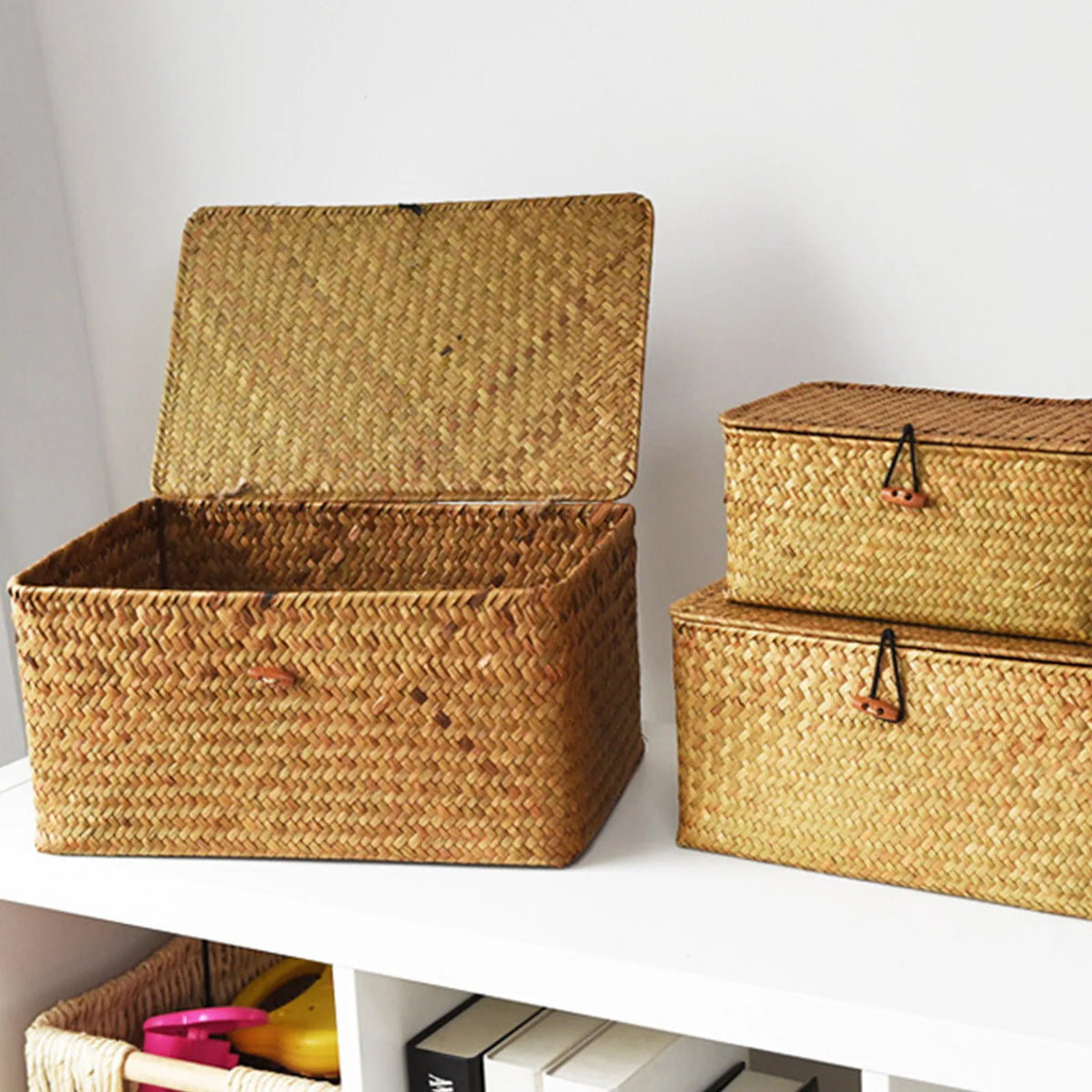panier rangement bois tressé couvercle vêtements bohème rustique décor maison