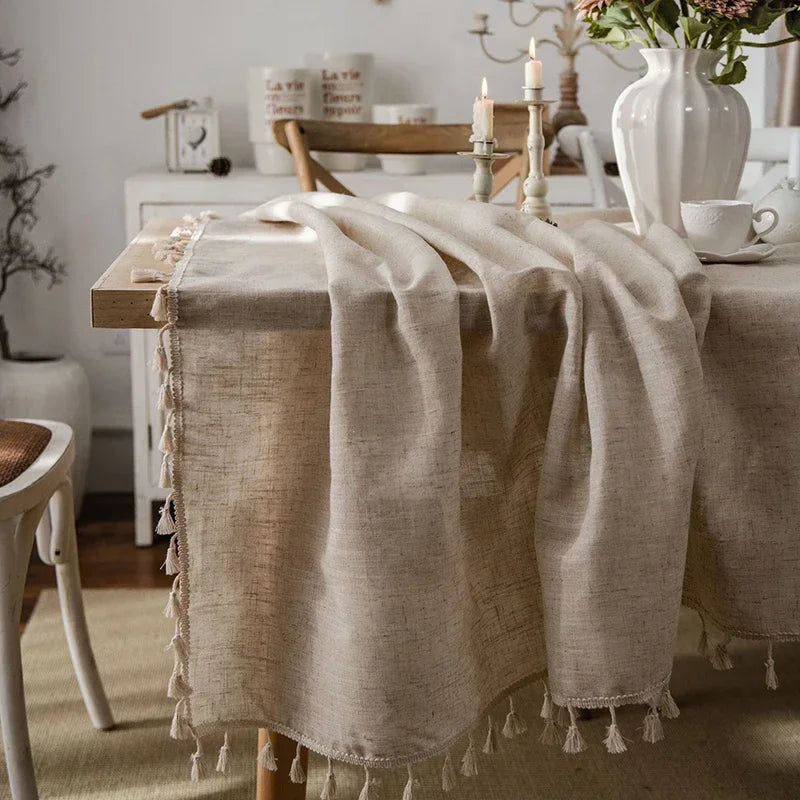 nappe rectangulaire beige franges décoration table maison mariage rustic bohème tissu coton lin