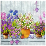 serviettes papier serviettes florales motif fleurs pots arrière plan bois rose violet bleu jaune