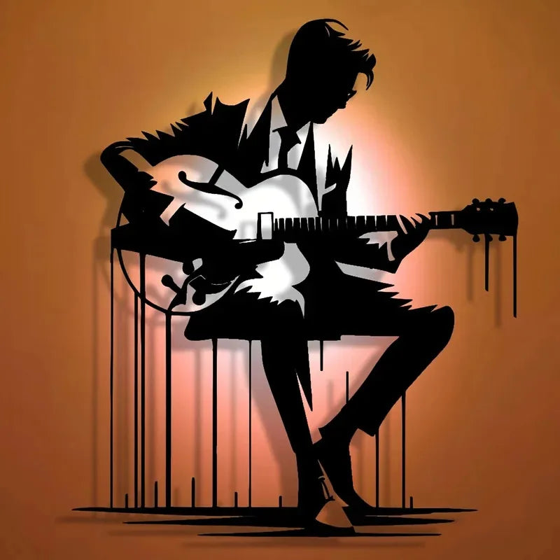 décoration murale silhouette guitariste noir contemporain abstraite métal opacité 26x30cm