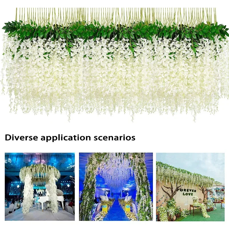 guirlande artificielle fleurs blanc vert feuilles vertes decoration mariage extérieur anniversaire baby shower
