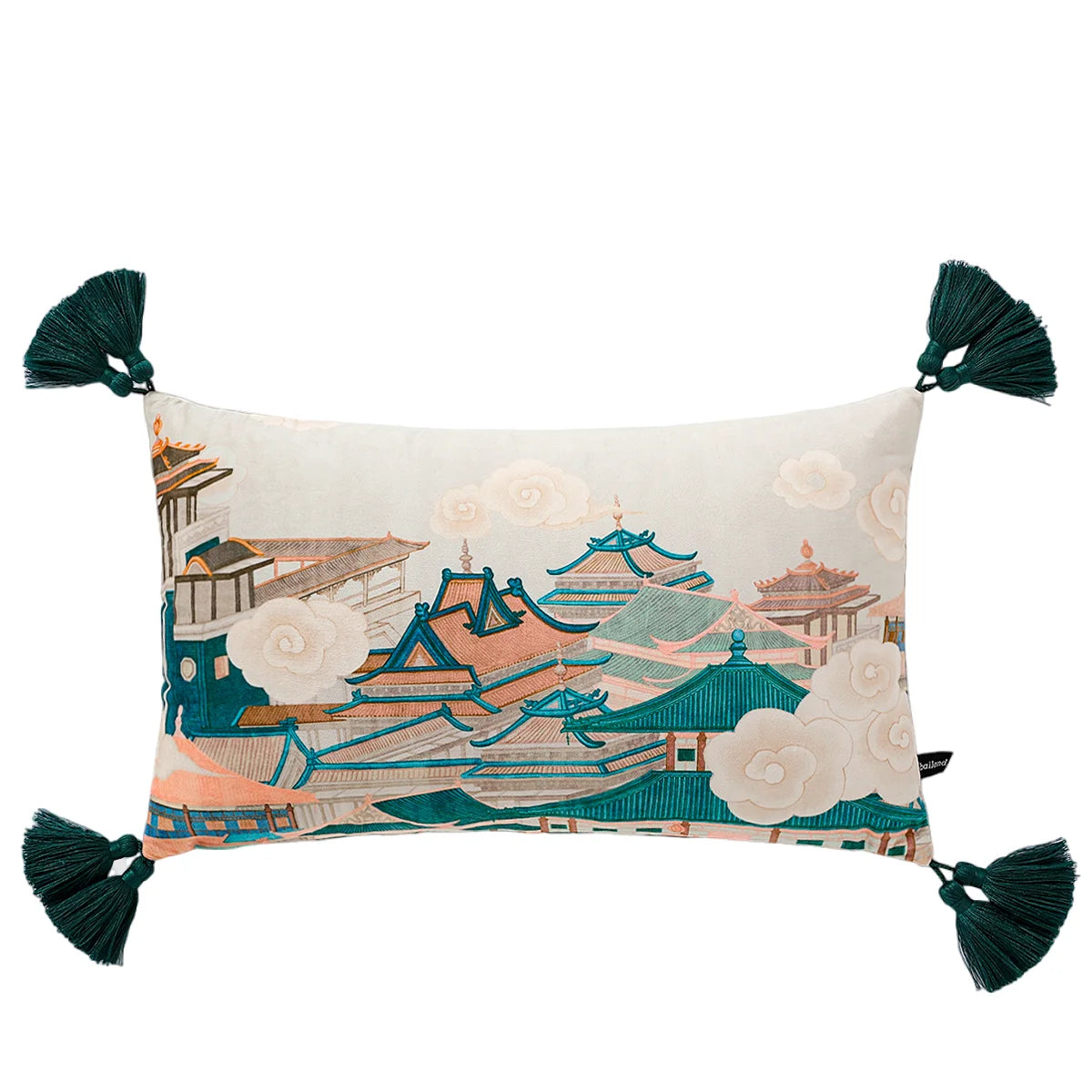 housse coussin scénique imprimé motif oriental cavaliers pagodes animaux moderne bleu rouge vert noir