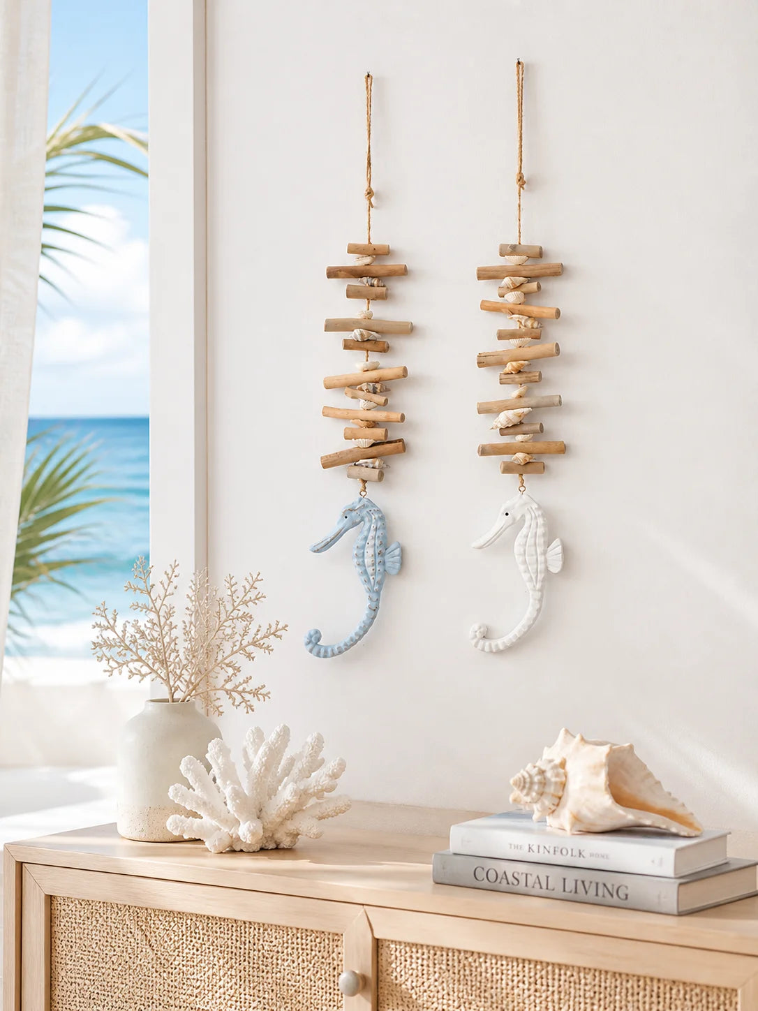 décoration murale hippocampe bois flotté coquillage suspension intérieur thème marin plage