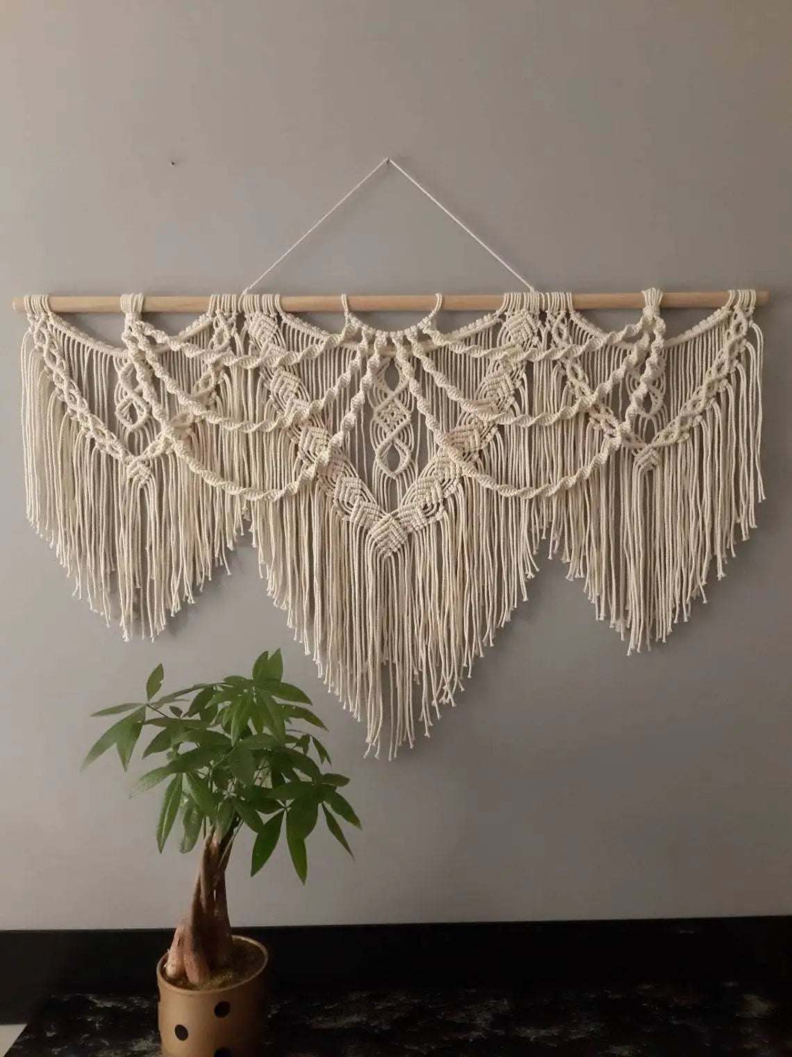 tapisserie macramé bohème franges géométriques beige clair mur décoration artisanal coton lavage main