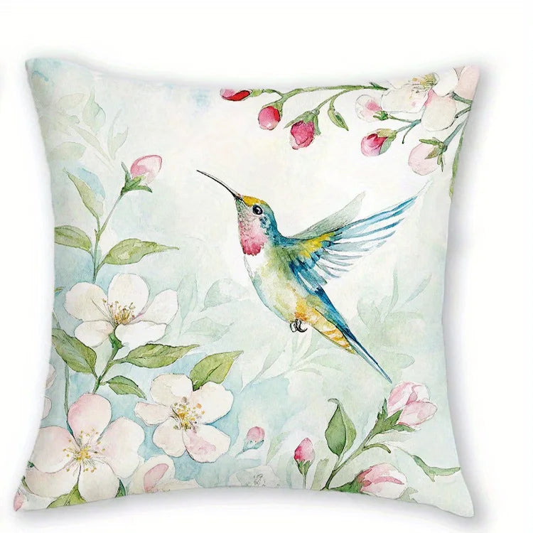 housses coussins carrés fleurs oiseaux printemps polyester blanc opacité zipper lit canapé décoration