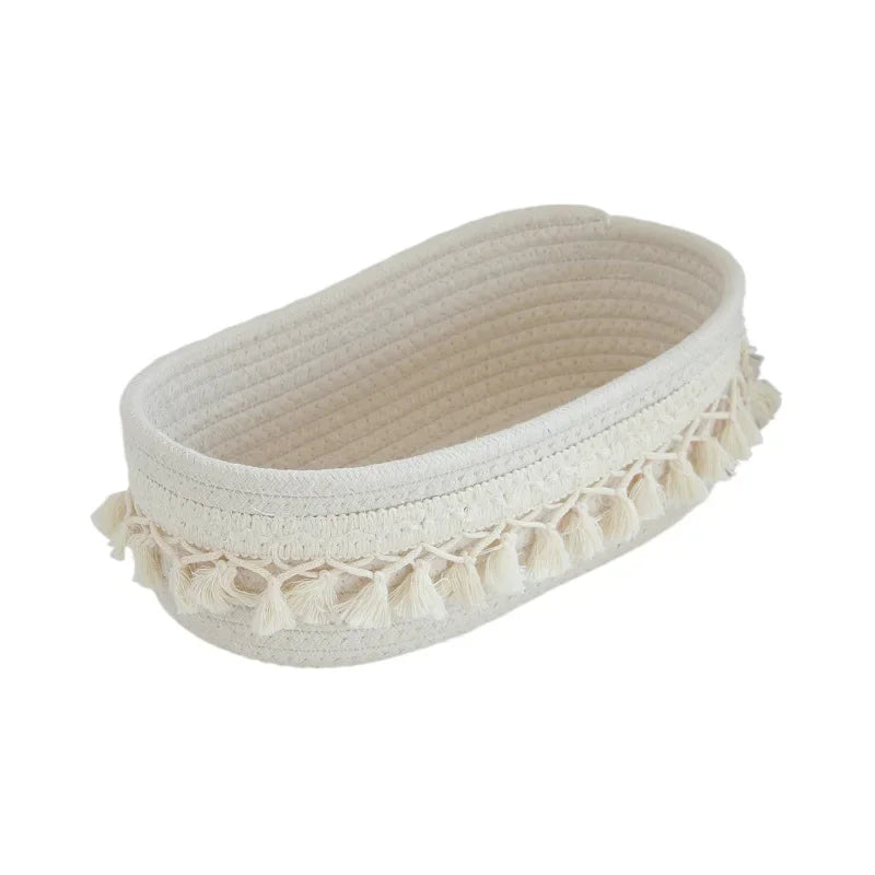 panier rangement tissu coton blanc franges boho chic savon parfum téléphone bougie