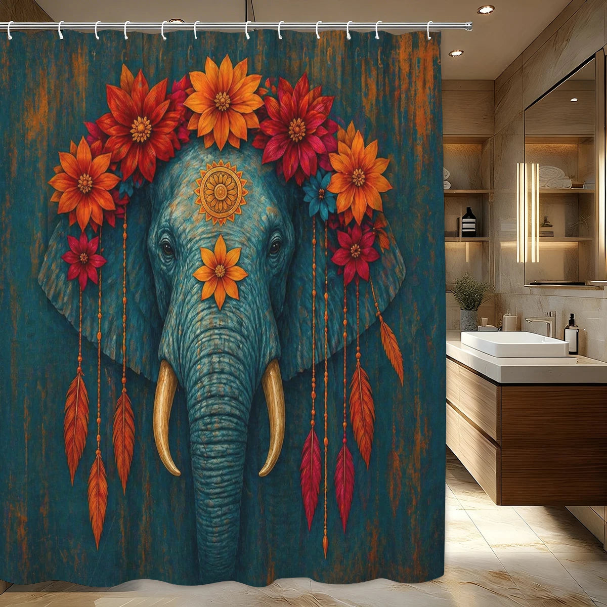 rideau douche fleur bleu blanc vintage 150x180cm polyester MACHINE WASHABLE