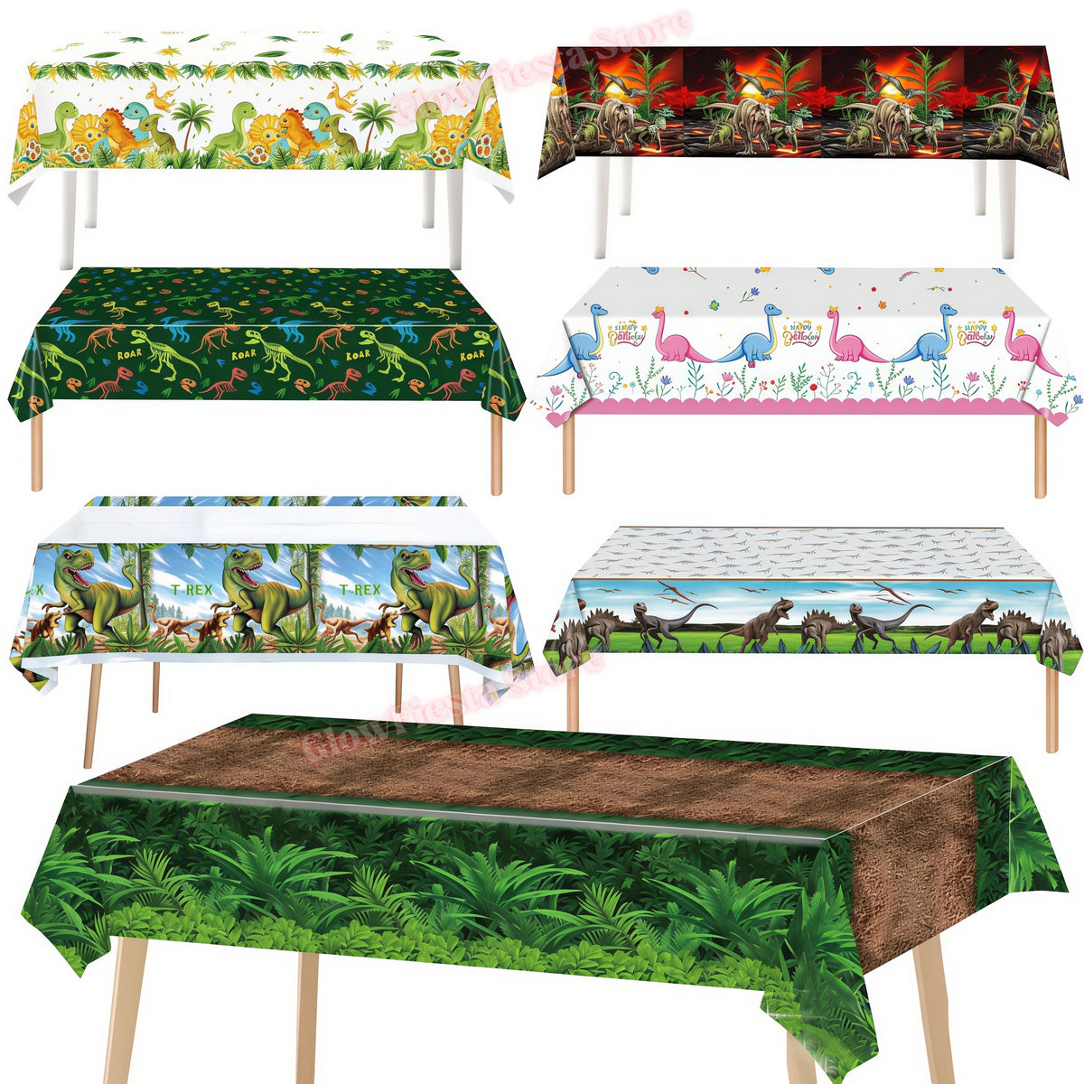 nappe plastique dinosaure motif enfant anniversaire decoration table verte marron blanc