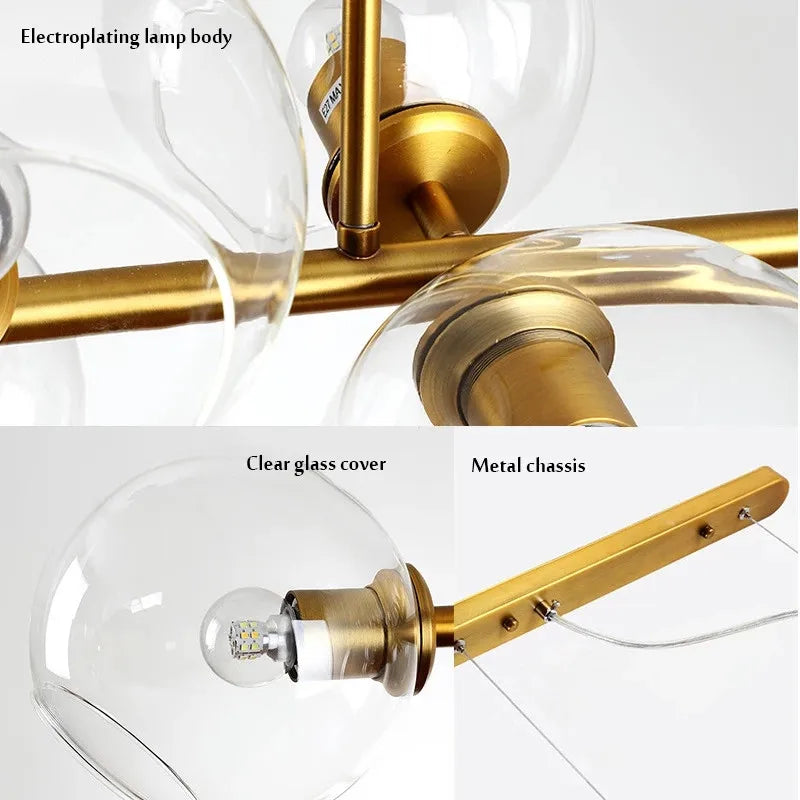 Suspension lumineuse or noir sphères transparentes moderne ampoules led