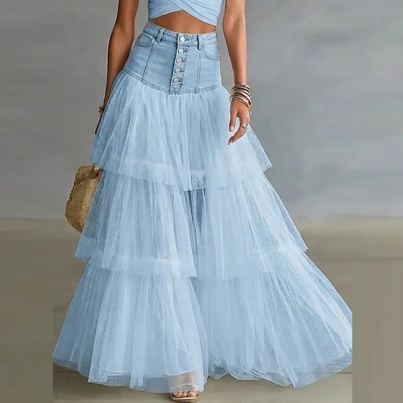 Jupe tulle multicolore bohème romantique volants blanc gris bleuclair bleufoncé