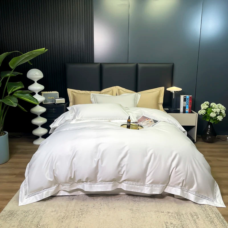 lit parure blanc moderne bordure décorative ultra doux 100 coton pièces drap housse taies