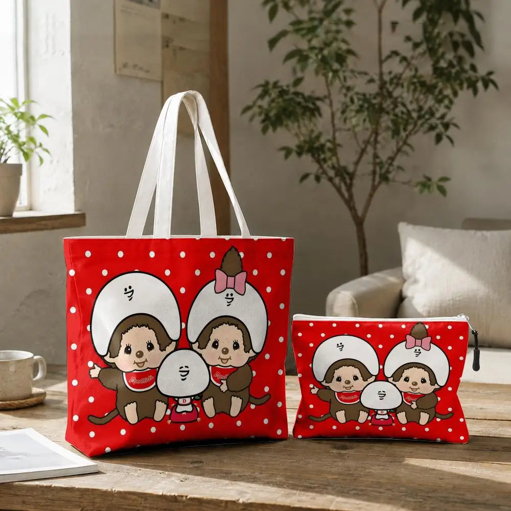 sac main rouge pochette motif singe cartoon toile shopping sac bandoulière femme