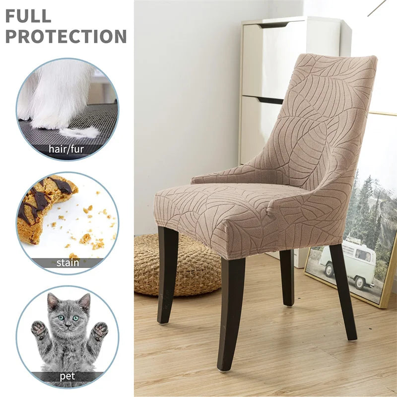 housse chaise jacquard feuilles beige gris moderne élastique polyester fixations boutons cuir