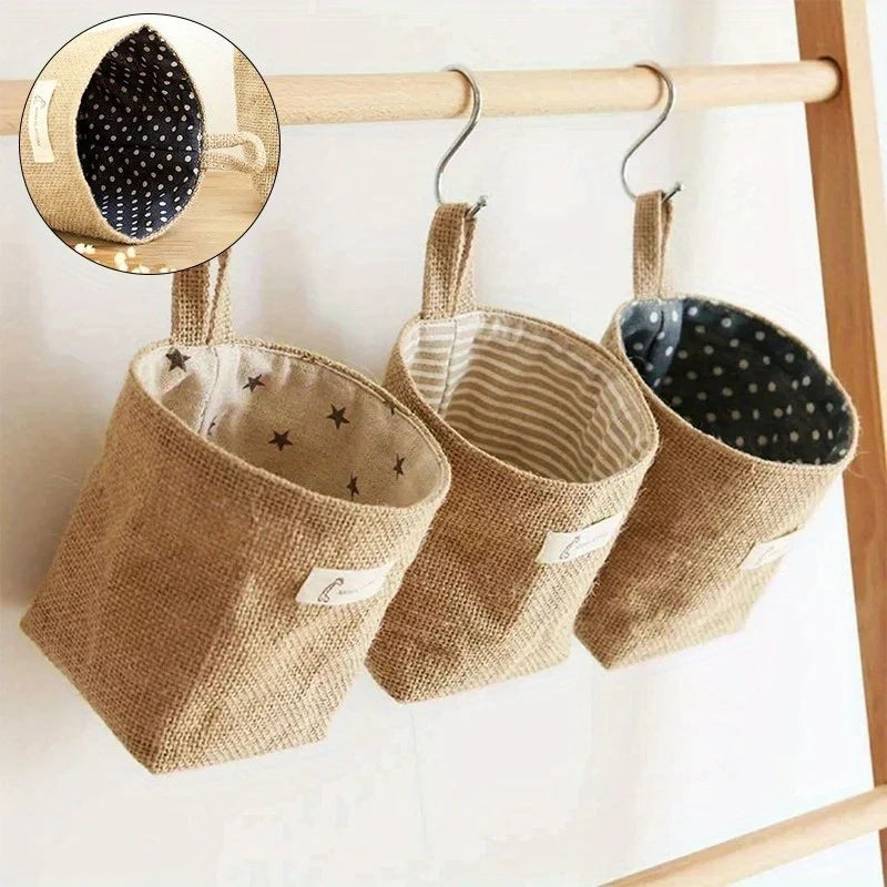 sac rangement toile jute pois rayures blanc noir rustique boho chic anneaux métalliques étiquette