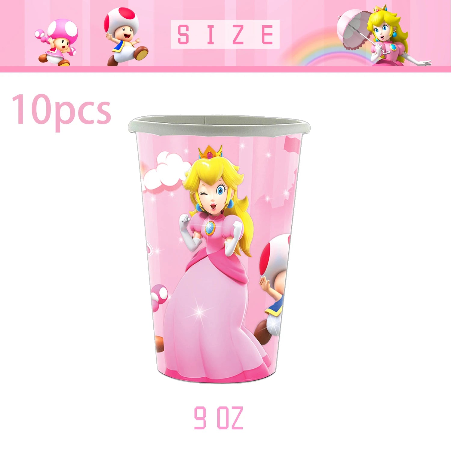 Détail de la nappe rose thématique Princesse Peach pour fête d'anniversaire