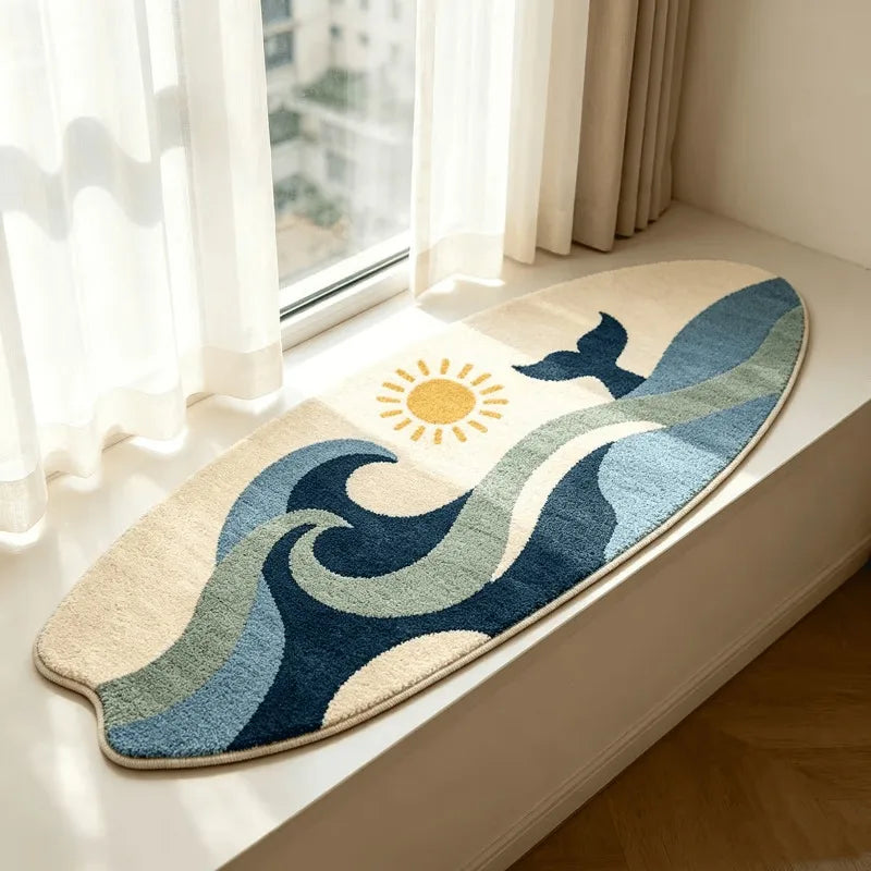 tapis moderne marine baleine ondes soleil beige bleu vert jaune chambre salon couloir polyester