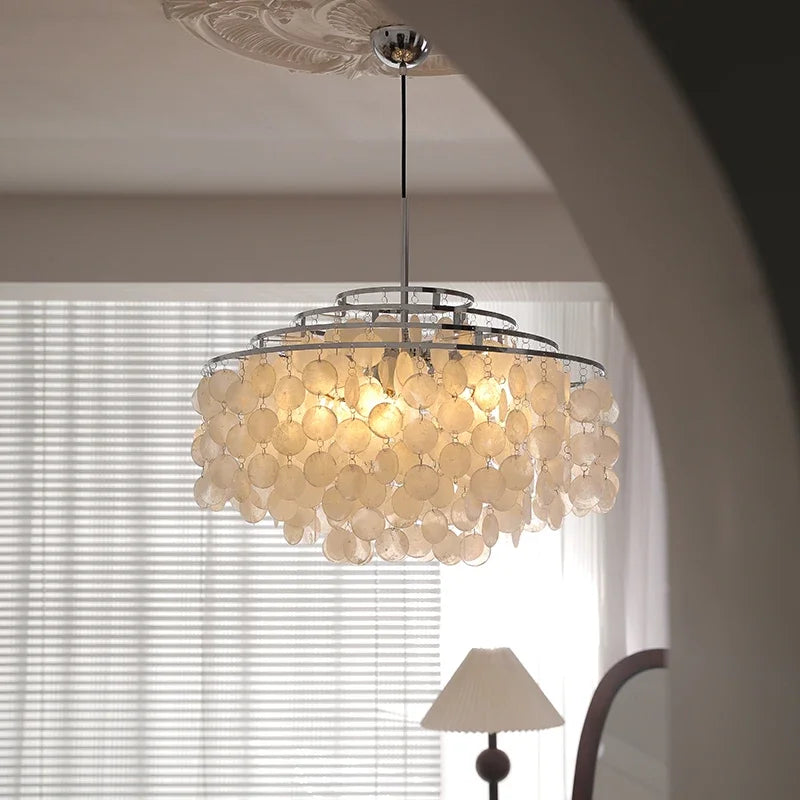 lustre suspension moderne rond couches superposées blanc beige élégant luminaire intérieur salon chambre