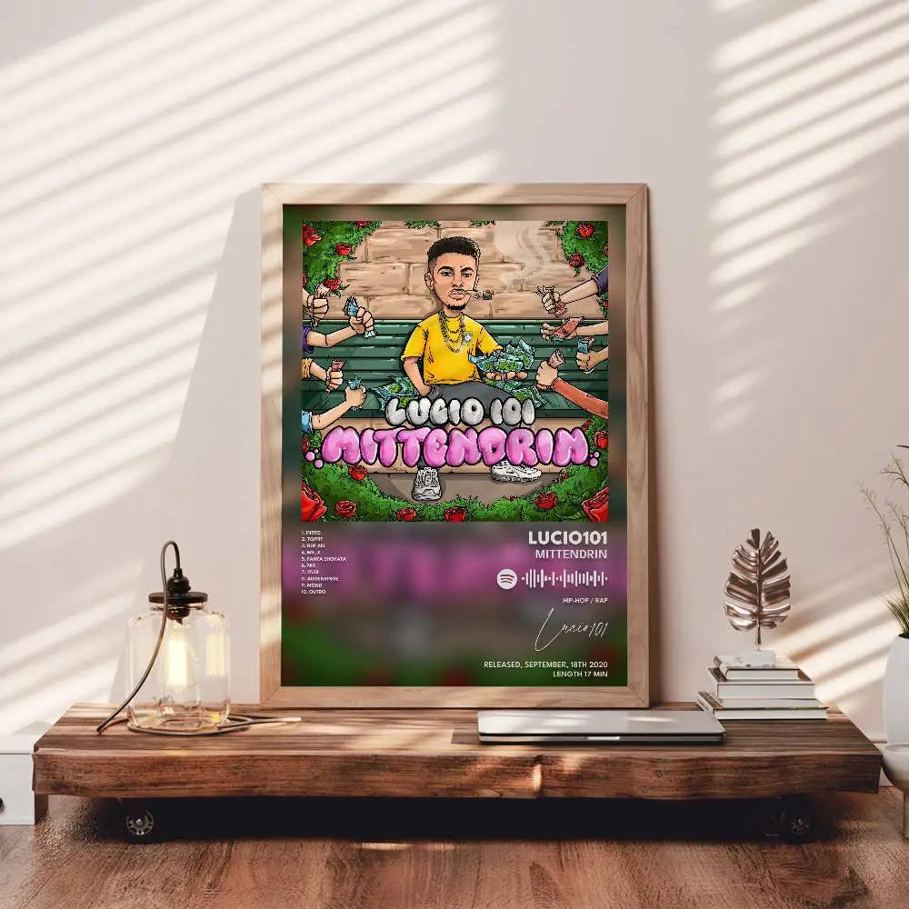 affiche autoadhésive papier moderne personnages mains objets textes stylisés couleurs vives verte rose jaune