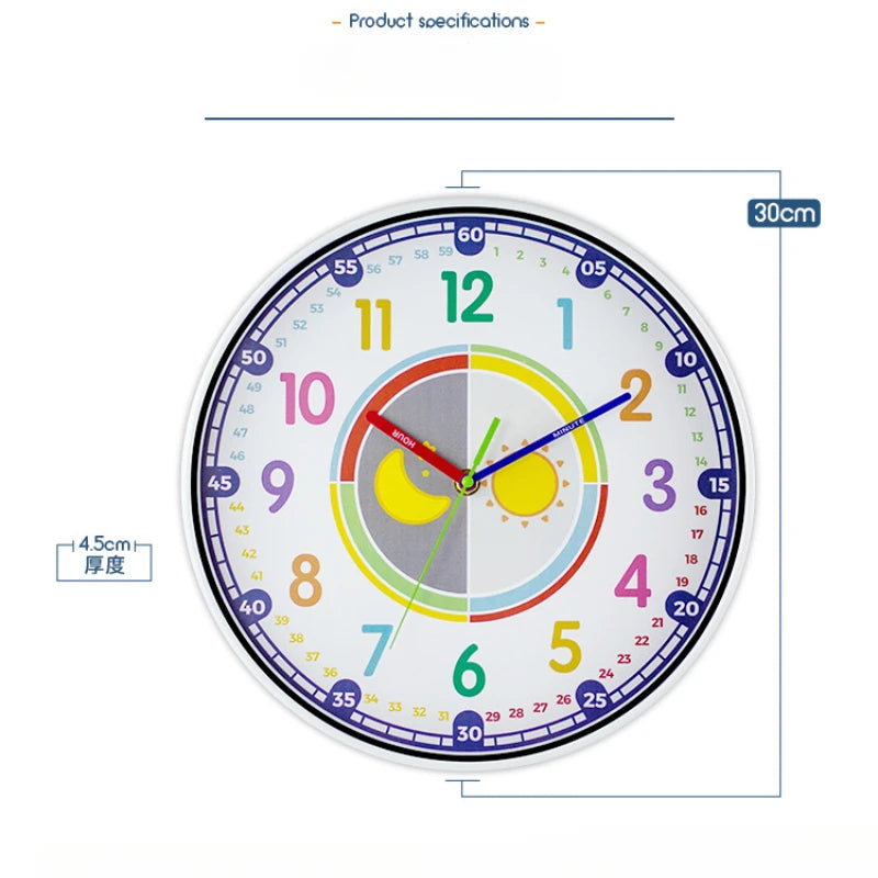 horloge murale moderne enfants chiffres colorés fond blanc cadre argenté silencieuse salon chambre