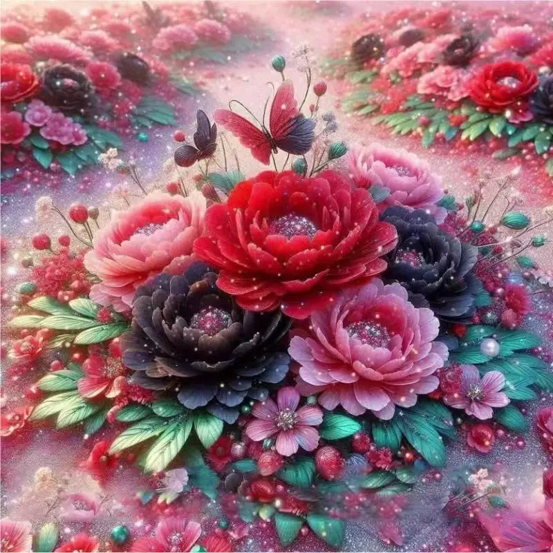tableau floral multicolore fleurs différentes rose blanc orange bleu vert violet cadre doré decoration