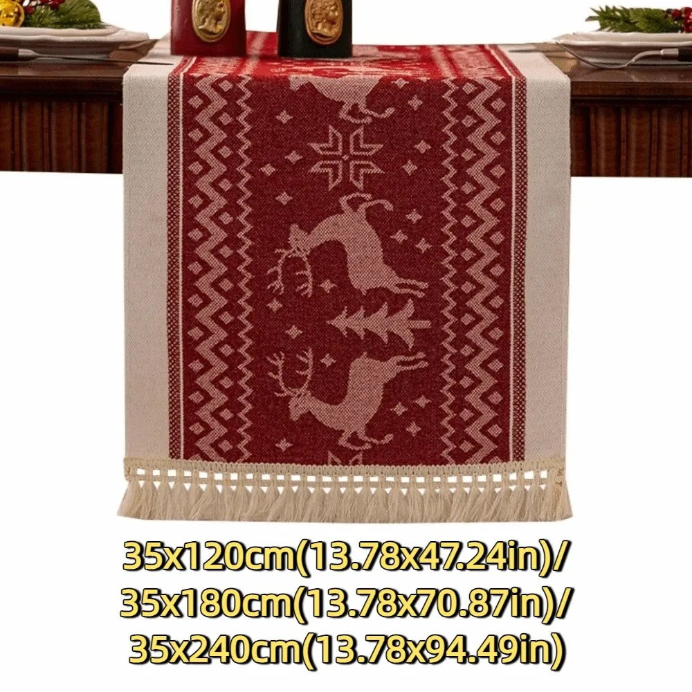 table noël chemin rouge cerfs sapins étoiles traditionnelle cuisine décorative 35x120cm 35x180cm 35x240cm
