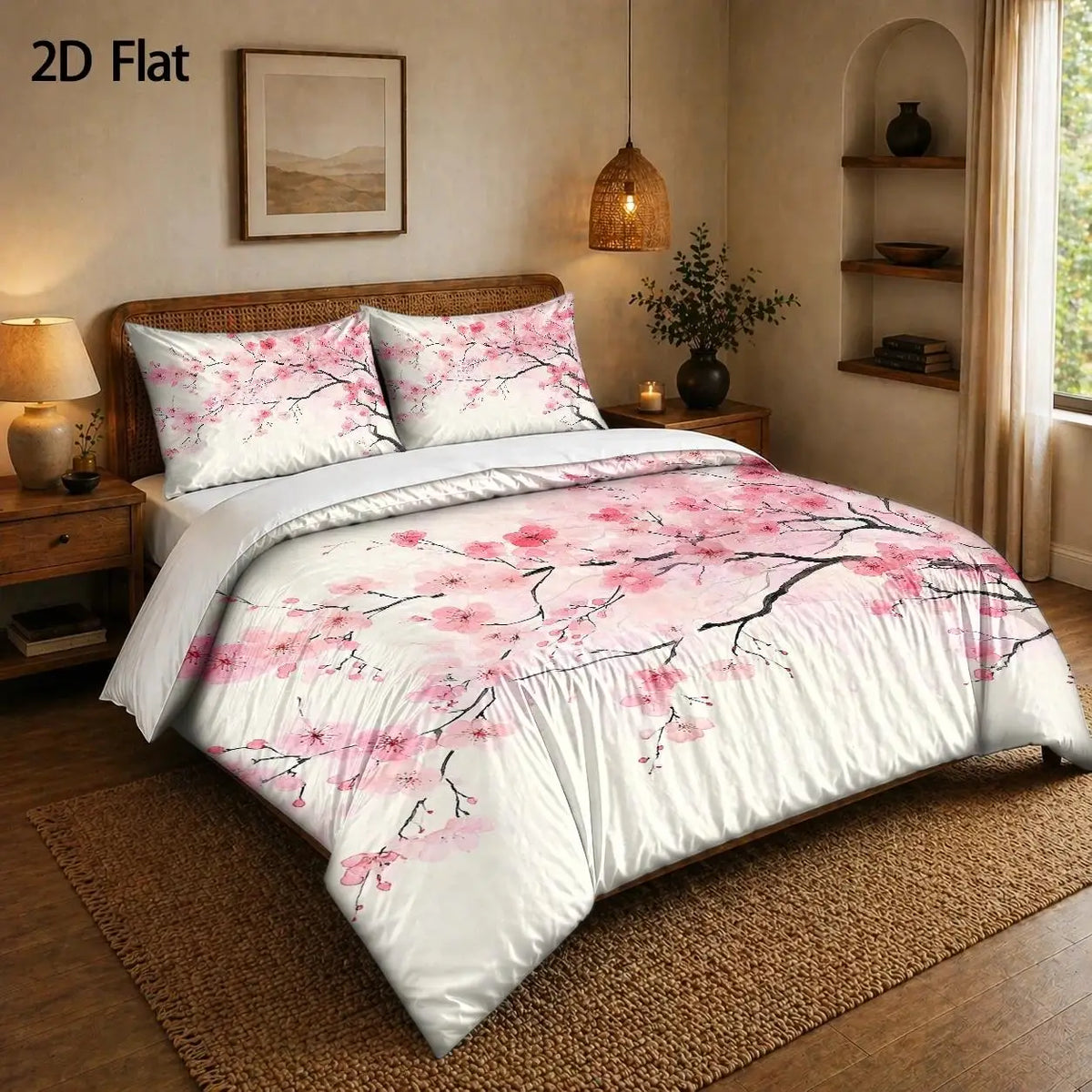 ensemble literie floral housse couette taies oreiller fleurs cerisier printemps moderne blanc rose noir