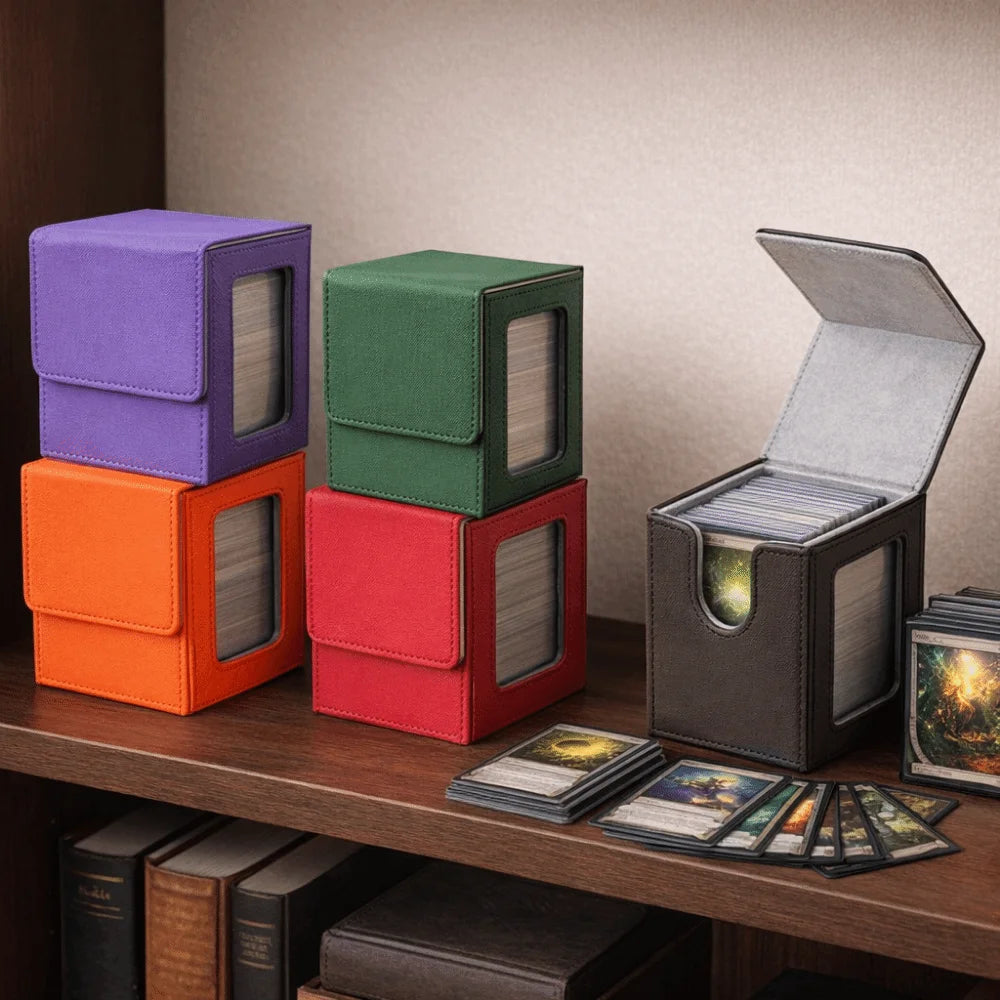 boîtes rangement cartes simili cuir violet vert orange rouge bleu noir blanc moderne poignée