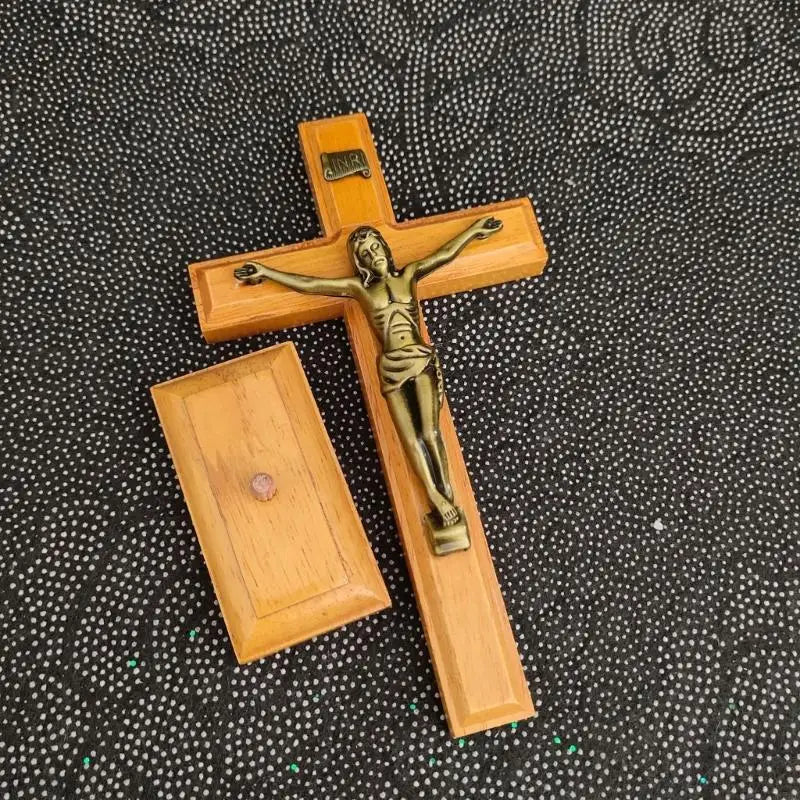 croix religieuse bois figurine jesus christ inscription inr église décoration maison stable or bronze