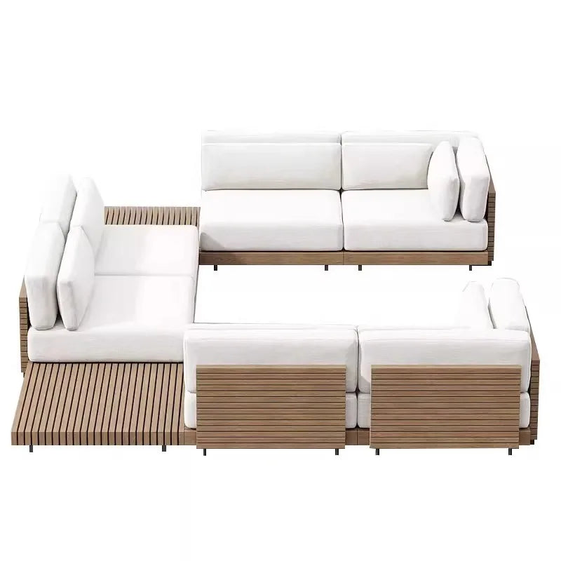 canapé extérieur modulable gris foncé tissu bois naturel coussins pieds noirs moderne minimaliste